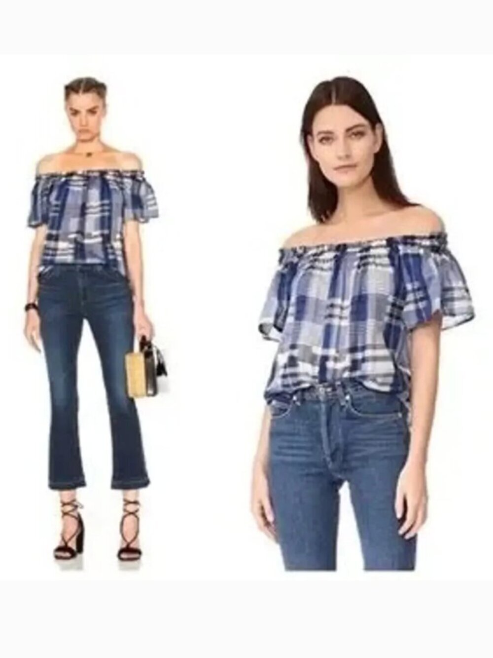 Ulla Johnson Amania Blue White Plaid Smocked Top Size 0